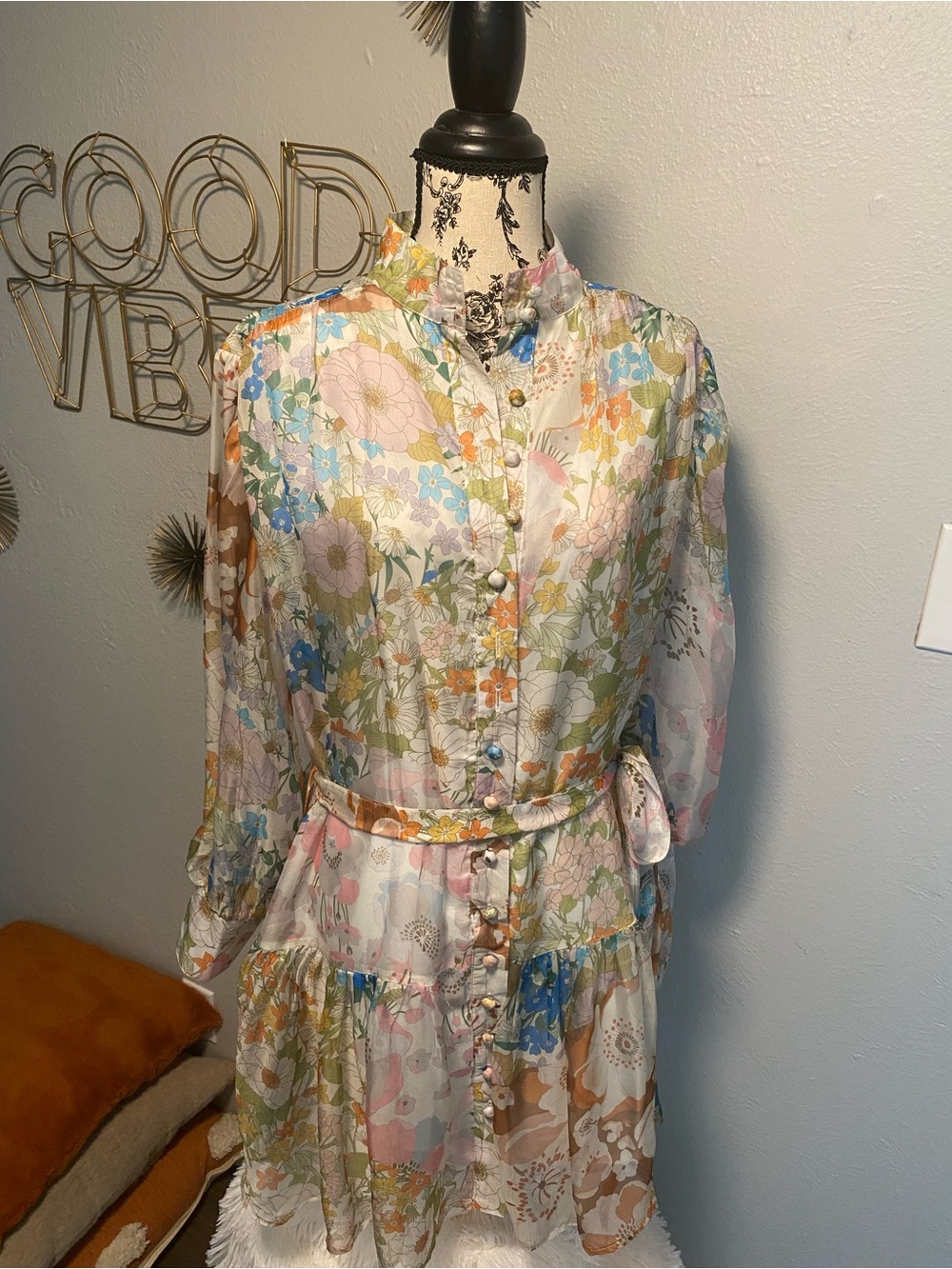Mazik Pastel Floral Ruffle-Neck Tiered Long-Sleeve Dress